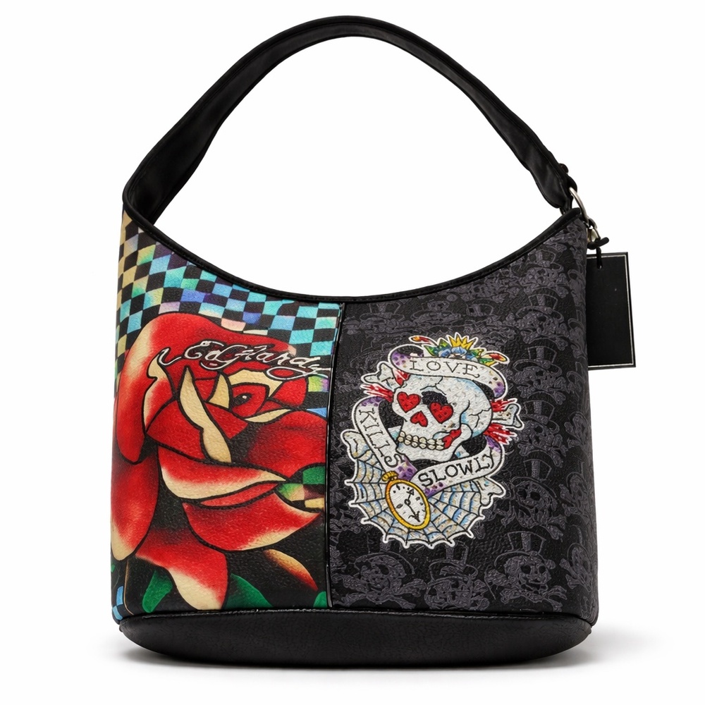 Ed Hardy Love Kills Slowly Skull Rose Rhinestone Hobo Shoulder Bag Black NWT